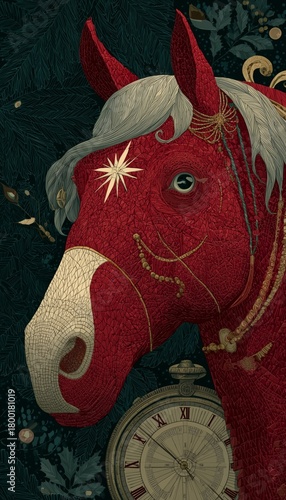 Colorful Red Horse Adorned With Decorations and Clocks Against a Dark Floral ...