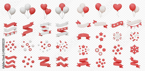 Collection of 3D rendered red and white festive elements including balloons, ribbons, banners, and confetti shapes on a transparent background.