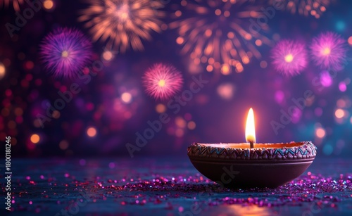 Festival Night Celebration With a Lit Diya and Colorful Fireworks in the Back...