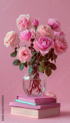 Elegant Pink Roses in a Clear Vase Placed on Stacked Pink Books Against a Sof...