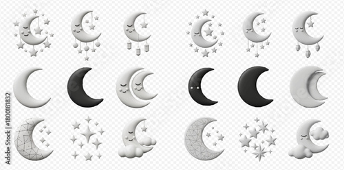 Collection of 3D rendered crescent moons and stars, some sleeping, some with clouds or hanging elements, on a transparent background.