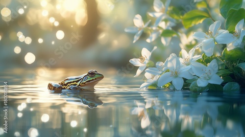 Frog Swimming in a Serene Pond Surrounded by Delicate White Flowers During a ...