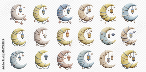 Collection of pastel crescent moons with hanging lanterns and stars, symbolizing Islamic holidays and nighttime serenity.