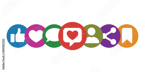 Social media icons represent engagement, likes, comments, shares, and follows.