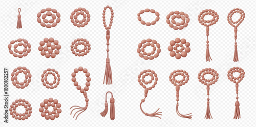 Set of traditional Muslim prayer beads (tasbih) in various styles with tassels, vector illustration on transparent background.