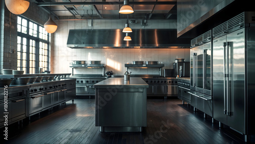 Restaurant kitchen empty stainless steel professional equipment ovens stoves refrigerators metal countertops dark wood floor soft light shallow depth grays whites blacks central island generative AI