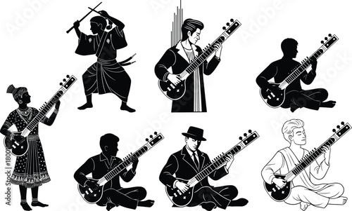 Rock band set with a young musician playing an electric guitar at a fun concert