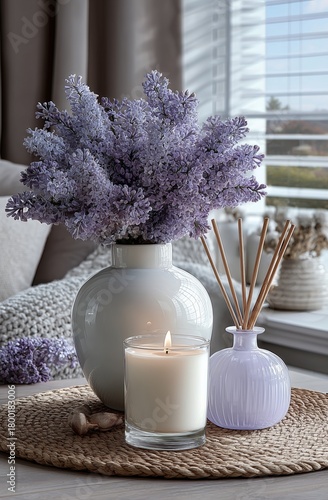 Elegant Lavender Flowers in Vase With Candle and Diffuser on Cozy Table