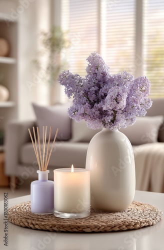Elegant Lavender Flowers in Vase With Candle and Diffuser on Cozy Table