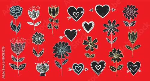 Hand drawn flowers and hearts with arrows on red background love romance
