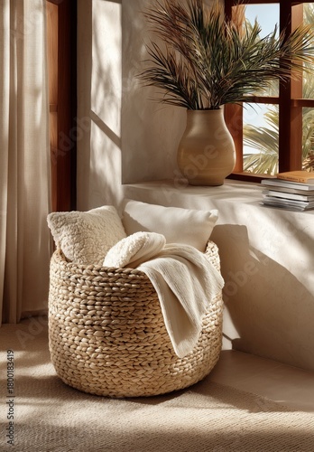 Cozy Woven Basket With Soft Blankets and Pillows in a Sunlit Room