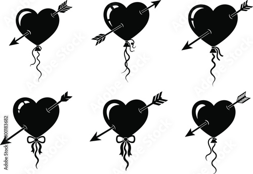 Six black heart shaped balloons pierced by arrows with ribbons and bows heart balloon