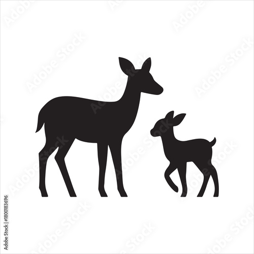 Graceful doe and her adorable fawn silhouette illustration on a clean white background, representing family bonds, wildlife, nature, and peaceful coexistence in the wild. isolated on white background