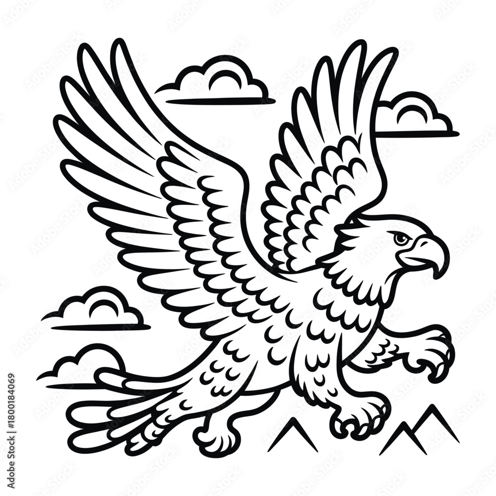 Obraz premium Vector illustration of flying eagle with mountains and clouds