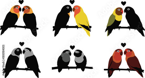Cute cartoon vector illustration set of flying wild birds and penguins on a white background with a branch