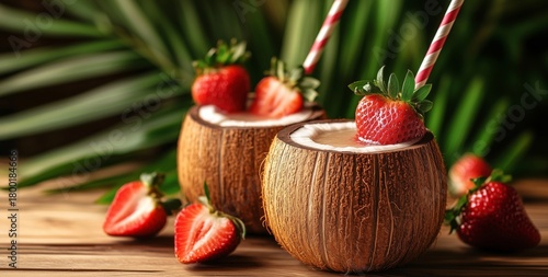 Refreshing Coconut Drinks Garnished With Strawberries in a Tropical Setting D...