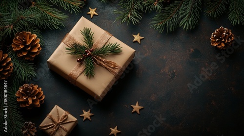 Gift Wrapped in Brown Paper With Pine Branches and Decorative Elements During...