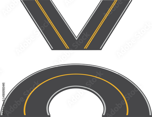 Curved roadway arc and V-shaped road intersection with yellow lane markings, modern asphalt road element illustration for maps, transport design, and infrastructure graphics
