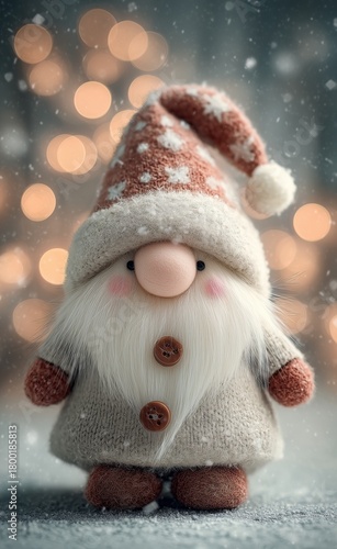 Cheerful Gnome Decoration With a Festive Hat in a Snowy Winter Setting and Gl...