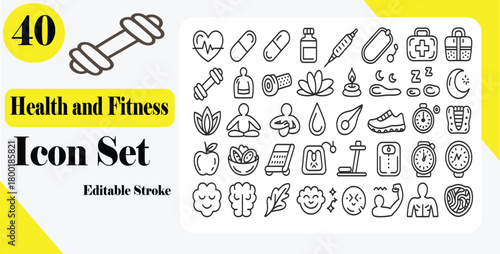 Collection of Wellness Icons Showing Heartbeat Pills Bottle Syringe Earphones First Aid Kit Dumbbell Meditation Lotus Flower Drop Sneaker and Healthy Diet