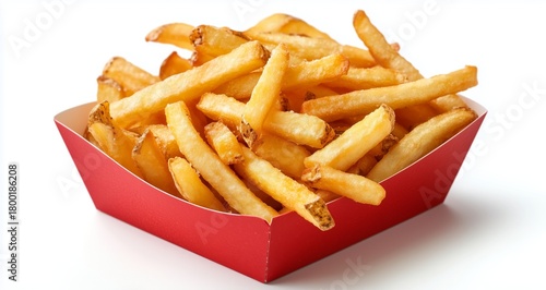 Crispy Golden French Fries Served in a Red Container on a Clean White Background
