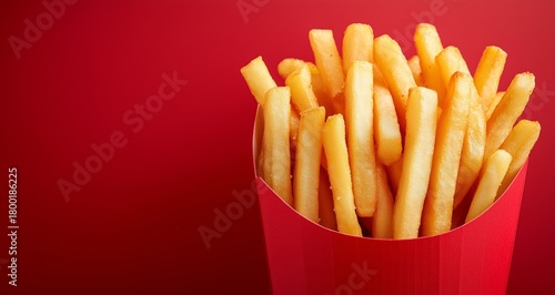 Crispy Golden French Fries Served in a Red Container Against a Bright Background