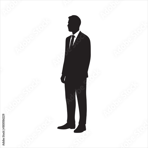 Silhouette of a professional man in a tailored business suit with a tie, standing full length in profile, looking left, depicting corporate identity, executive presence, and professional success again