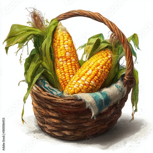 Freshly Harvested Corn Displayed in a Rustic Basket on a Sunny Day in a Vibra...