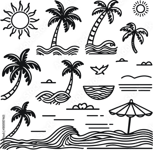 summer nature doodle pack, sun icons, palm trees, rolling waves, flying birds, beach umbrella, shoreline marks, minimalist black line art, clean simple strokes, unique non-repeat shapes, white backgro