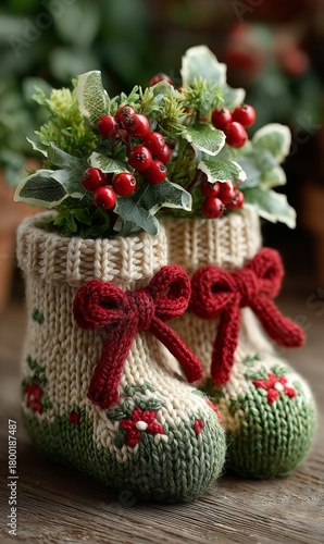 Festive Knitted Boots Filled With Holly and Berries for Holiday Decoration in...