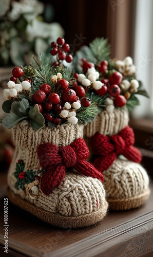 Decorative Winter Boots Filled With Seasonal Greenery and Berries by a Window