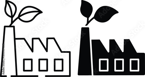 Eco Friendly Factory Building With Green Leaves From Chimney Vector Silhouette and Pictogram..eps