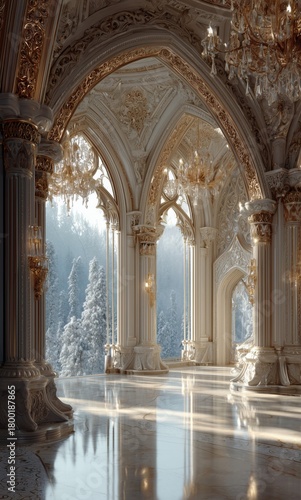 Elegant Palace Interior With Grand Arches and Winter Scenery Outside