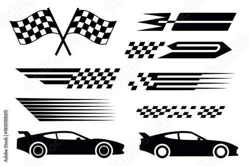 Collection of checkered racing flags, abstract speed graphics, and sports car silhouettes.