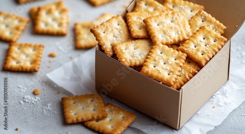 Delicious Golden Crackers in a Box Ready for Snacking During a Sunny Afternoo...