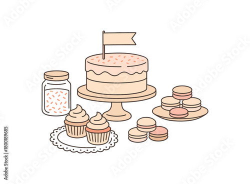 flat vector handdrawn soft palette clean outlines white background dessert table cake stand cupcakes macarons sprinkle jar cake topper blank lace doily no logos no gloss