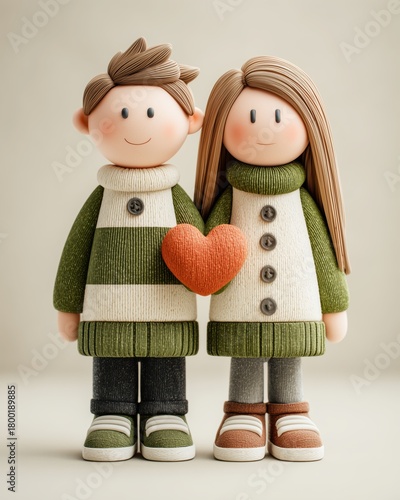Cute handmade couple holding heart for cozy romantic winter branding.
