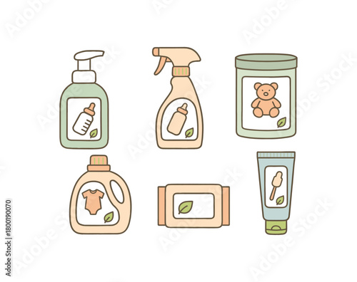 flat vector handdrawn soft palette clean outlines white background baby care cleaning bottle cleanser foam pump sterilizer spray toy disinfectant wipes canister baby laundry jug stain soap