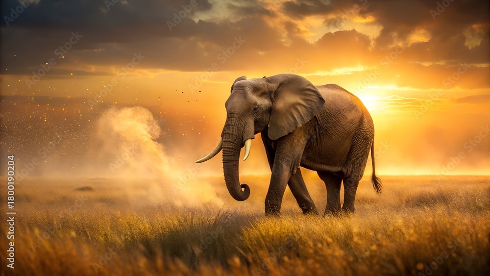 Fototapeta premium Majestic elephant walks through golden savannah under a dramatic sunset sky