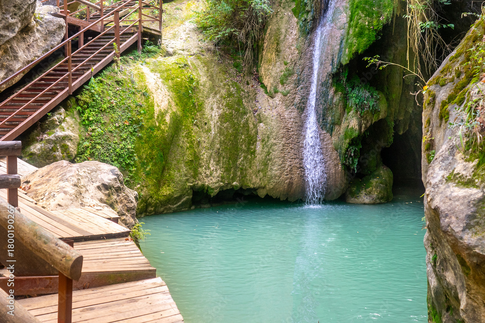 Naklejka premium A small waterfall cascades down a rocky, mossy wall into a natural turquoise pool. Dense vegetation, vines, roots, and moss can be seen all around. (saklı, gizli cennet şelalesi) Manavgat - Antalya