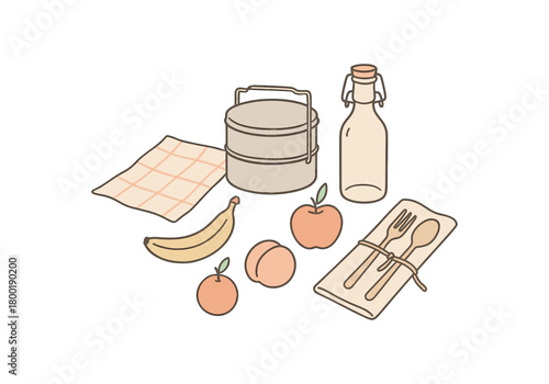 flat vector handdrawn soft palette clean outlines white background picnic minimal waste tiffin open cloth napkin fruit naked bottle cutlery roll no logos no gloss