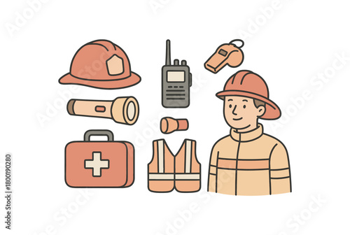 flat vector handdrawn soft palette clean outlines white background emergency heroes fire helmet walkie talkie flashlight first aid kit whistle safety vest no logos no gloss