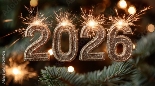 Festive Display of 2026 With Sparklers Surrounded by Evergreen Branches