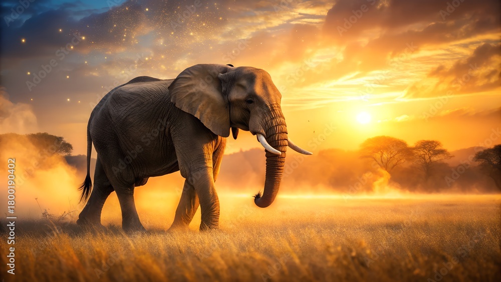 Fototapeta premium Majestic elephant roaming through a dusty african savannah at golden hour sunset