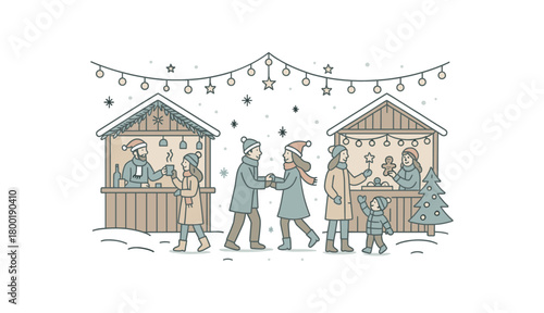 flat vector outline illustration of christmas market party with stalls lights and people modern line art soft winter tones isolated on white background