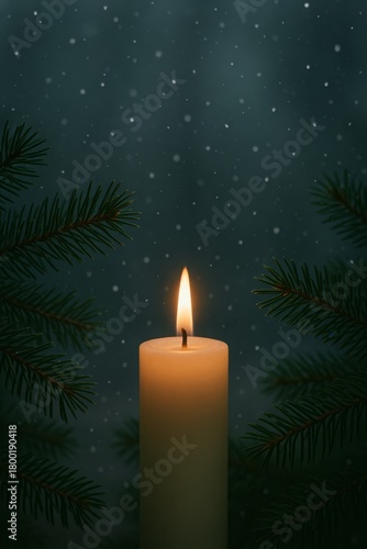 Lit candle with pine branches in gentle snowfall—cozy winter background for Christmas, Advent, or remembrance designs.