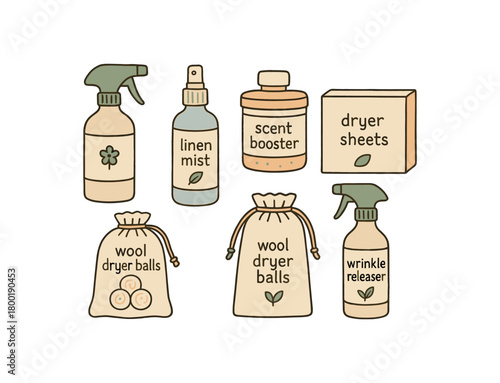 flat vector handdrawn soft palette clean outlines white background fabric refresh set mattress deodorizer spray linen mist bottle scent booster tub dryer sheets box wool dryer balls pouch