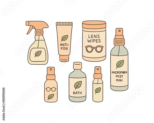 flat vector handdrawn soft palette clean outlines white background eyewear care cleaner spray antifog gel tube lens wipes canister refillable pocket spray bath solution bottle microfiber