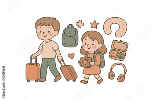 flat vector handdrawn soft palette clean outlines white background travel day kids suitcase backpack neck pillow snack box sticker shapes headphones no logos no gloss