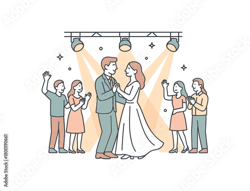 flat vector outline illustration of wedding dance floor party with couple lights and guests clean modern design low saturation isolated on white background